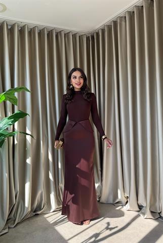 Uzun Kollu Balıkçı Yaka Saten Detay Şık Elbise