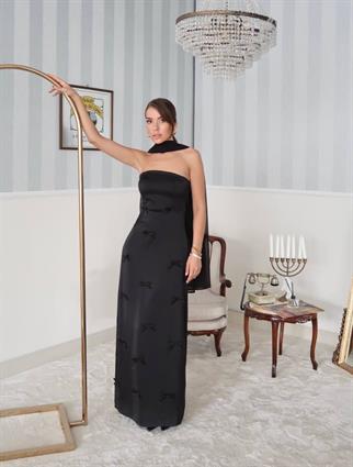 Nova Saten Şal Detay Uzun Elbise 