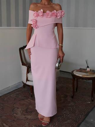 Rina Tasarım Çiçek Detay Uzun Elbise