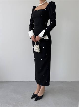 Aria İnci Taşlı Gömlek Kol Detay Uzun Elbise