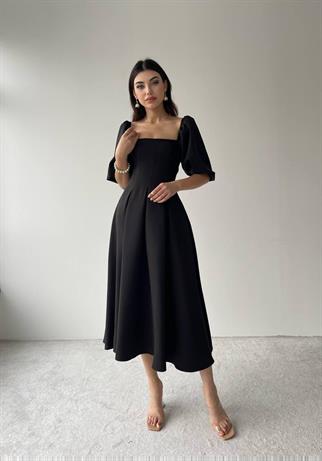 Balon Kol Midi Pileli Elbise