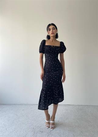 Mislina Balon Kol Nokta Desen Elbise - Siyah