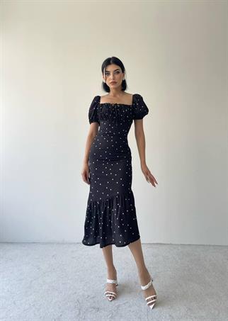 Mislina Balon Kol Nokta Desen Elbise - Siyah