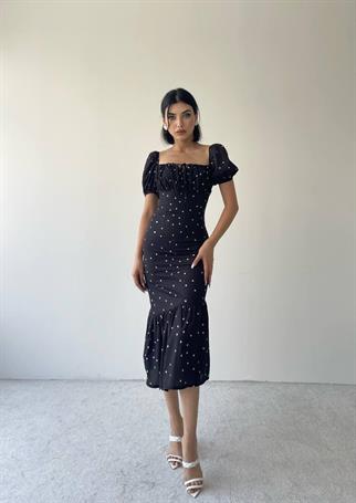 Mislina Balon Kol Nokta Desen Elbise - Siyah