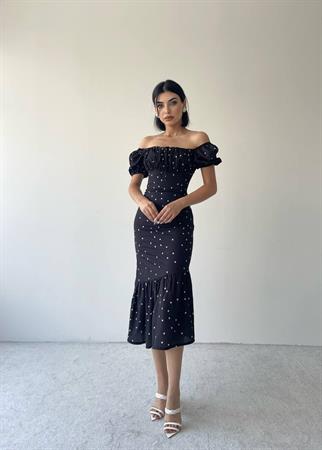 Mislina Balon Kol Nokta Desen Elbise - Siyah