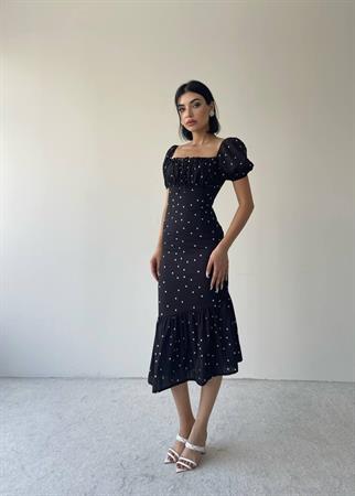 Mislina Balon Kol Nokta Desen Elbise - Siyah