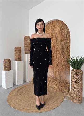 Marvella İnci Boncuk Detay Straplez Uzun Elbise