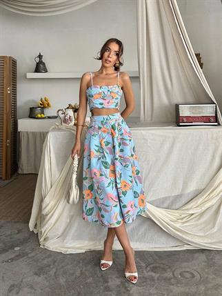 Dalia Çiçek Baskılı Keten Midi Elbise