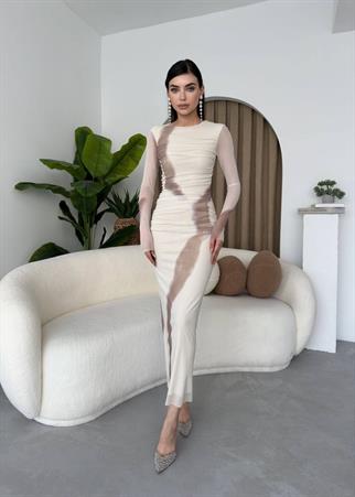 Nayra Tül Tasarım Uzun Kollu Midi Elbise