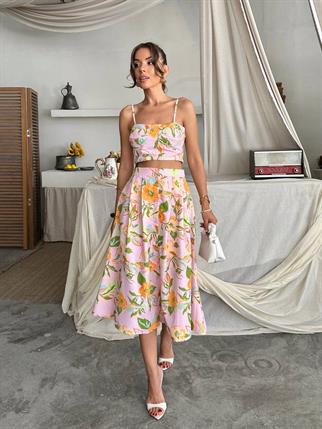 Dalia Çiçek Baskılı Keten Midi Elbise