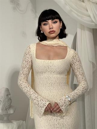 Olin Şallı Dantel Uzun Elbise