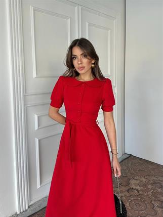 Bebe Yaka Düğmeli Midi Atlas Elbise