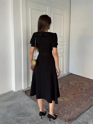 Bebe Yaka Düğmeli Midi Atlas Elbise