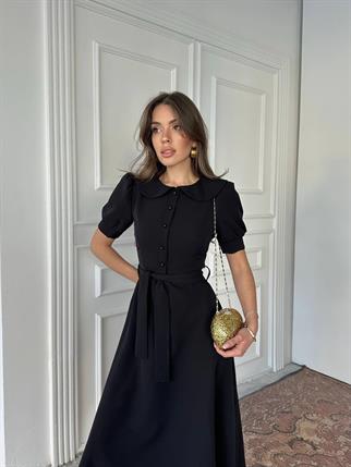 Bebe Yaka Düğmeli Midi Atlas Elbise