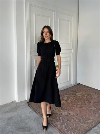 Bebe Yaka Düğmeli Midi Atlas Elbise