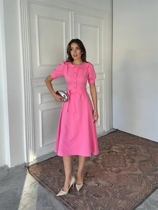 Bebe Yaka Düğmeli Midi Atlas Elbise