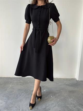 Bebe Yaka Düğmeli Midi Atlas Elbise