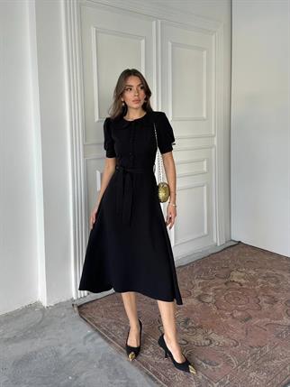 Bebe Yaka Düğmeli Midi Atlas Elbise