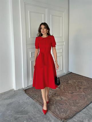 Bebe Yaka Düğmeli Midi Atlas Elbise