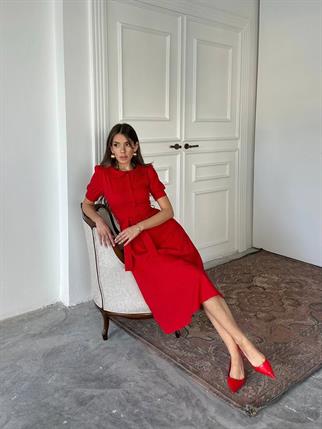 Bebe Yaka Düğmeli Midi Atlas Elbise