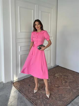 Bebe Yaka Düğmeli Midi Atlas Elbise