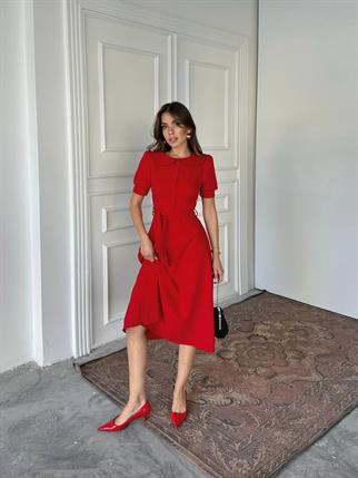 Bebe Yaka Düğmeli Midi Atlas Elbise