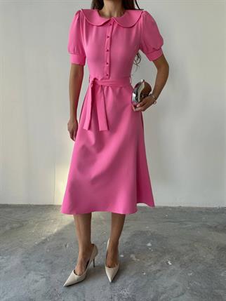 Bebe Yaka Düğmeli Midi Atlas Elbise