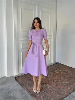 Bebe Yaka Düğmeli Midi Atlas Elbise 