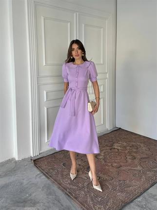 Bebe Yaka Düğmeli Midi Atlas Elbise 