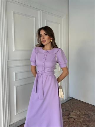 Bebe Yaka Düğmeli Midi Atlas Elbise 