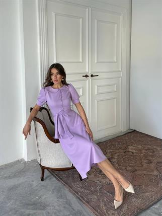 Bebe Yaka Düğmeli Midi Atlas Elbise 