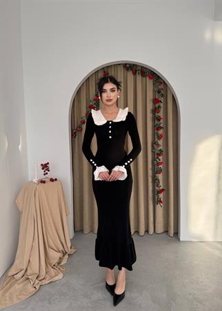 Bebe Yaka Düğmeli Uzun Triko Elbise