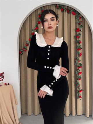 Bebe Yaka Düğmeli Uzun Triko Elbise