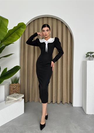 Bebe  Yaka Bronşlu Midi Elbise