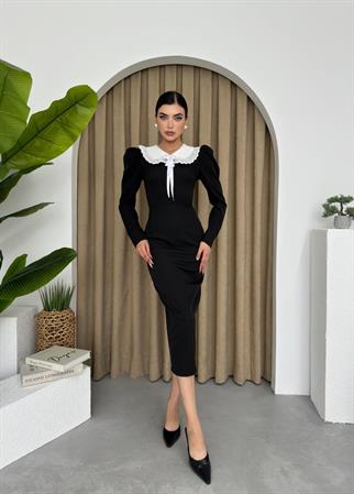 Bebe  Yaka Bronşlu Midi Elbise