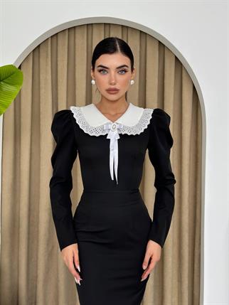 Bebe  Yaka Bronşlu Midi Elbise