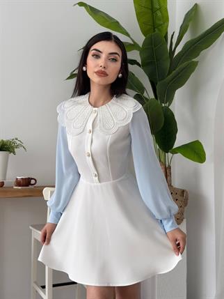 Ravena Dantel Yaka Şifon Kol Detay Mini Elbise