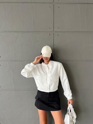 Bomber Geniş Cepli Basic Ceket - Beyaz