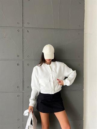 Bomber Geniş Cepli Basic Ceket - Beyaz