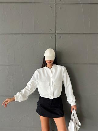 Bomber Geniş Cepli Basic Ceket - Beyaz