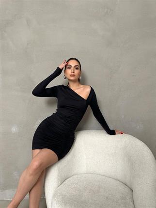 Bony Mini Büzgülü Siyah Elbise