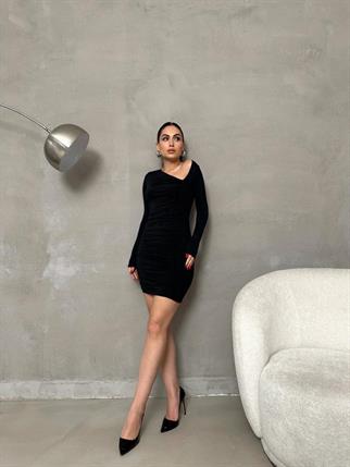 Bony Mini Büzgülü Siyah Elbise