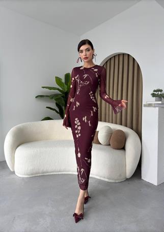 Bordo Tül Streç Astarlı Elbise