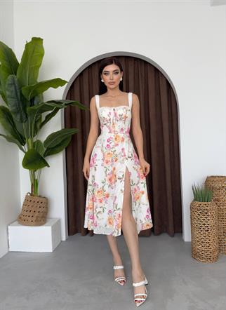 Çiçek Desenli Askılı Midi Elbise