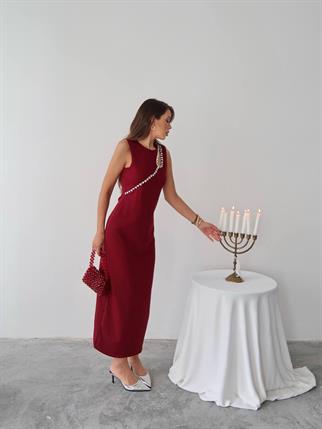 Mona Taş Detay Atlas Kumaş Uzun Elbise