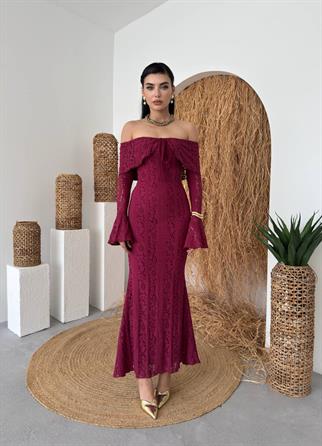 Lumina Dantel Kumaş Açık Omuz Uzun Elbise