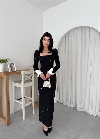 Aria İnci Taşlı Gömlek Kol Detay Uzun Elbise