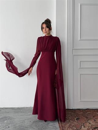 Karen Tül Kol Korsaj Bağlamalı Uzun Elbise