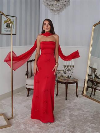 Nova Saten Şal Detay Uzun Elbise