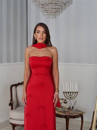 Nova Saten Şal Detay Uzun Elbise